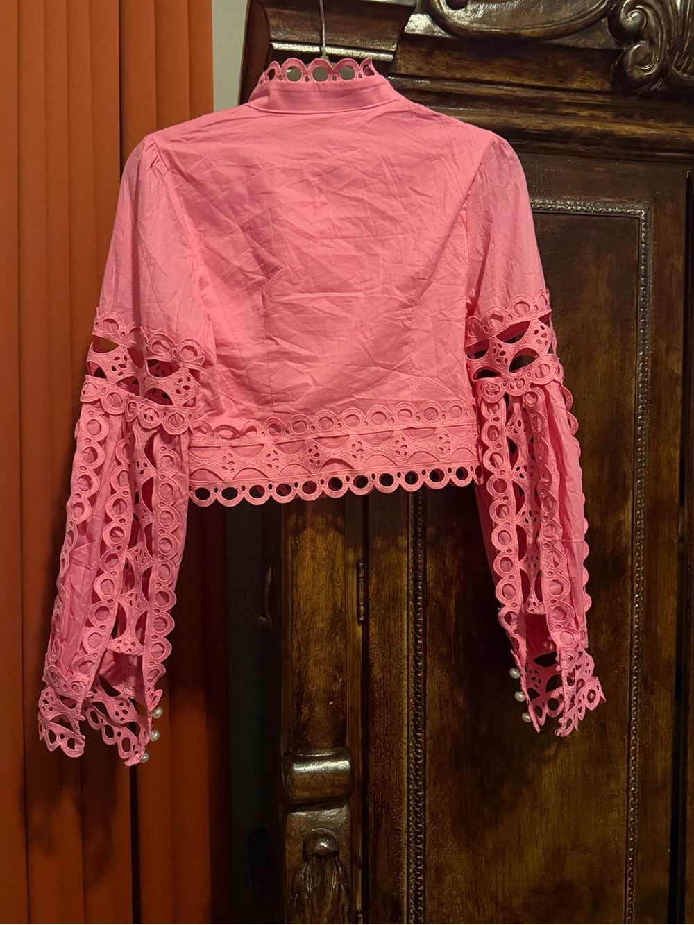 Women’s Pink Eyelet Lace Long Sleeve Maxi Jacket and Skirt Set - Picture 3 of 6